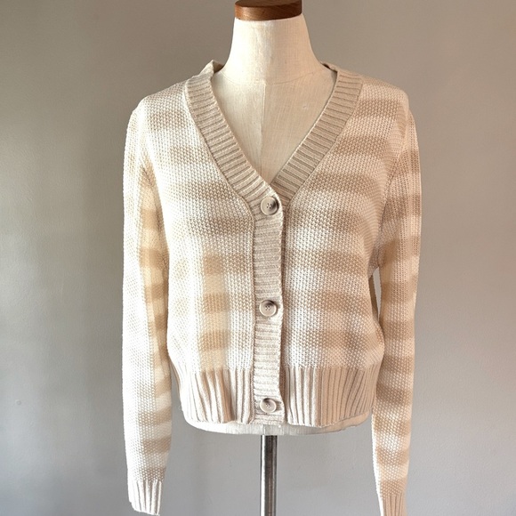 Jessica Simpson relaxed fit Beige Striped Cardigan button down V neck cropped M - Picture 1 of 14